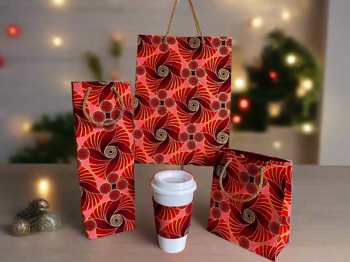 Ethnic, Fabric, Patterned, Handmade Light Maroon, Red, and Gold Cup Sleeve - Gezia Accents