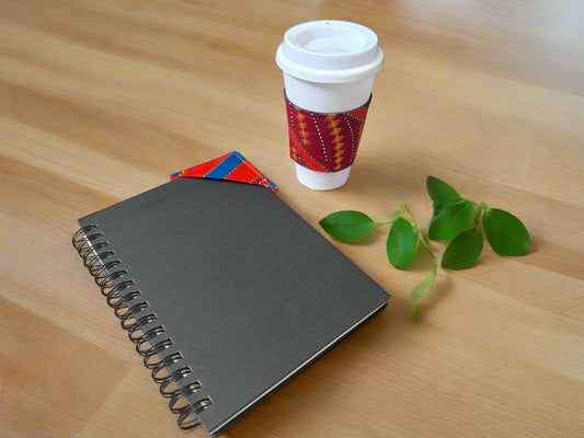 Ethnic, Fabric, Patterned, Handmade Maroon, Orange, Blue, and Gold Cup Sleeve - Gezia Accents