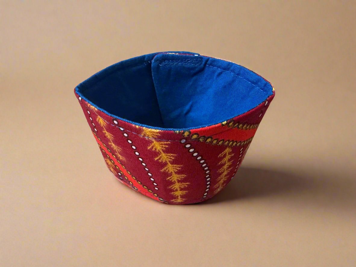 Ethnic, Fabric, Patterned, Handmade Maroon, Orange, Blue, and Gold Cup Sleeve - Gezia Accents