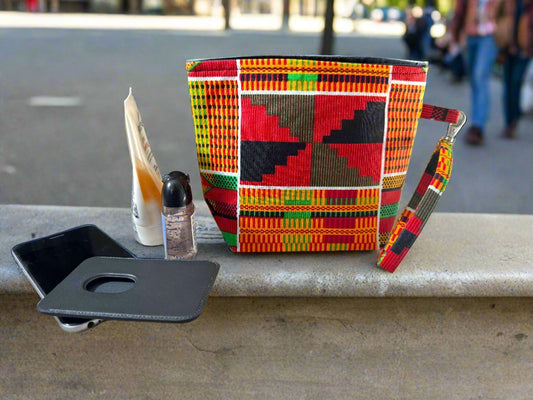 Ethnic, Fabric, Patterned, Handmade Orange, Yellow, Green, Black, White, and Red Mini Tote - Gezia Accents