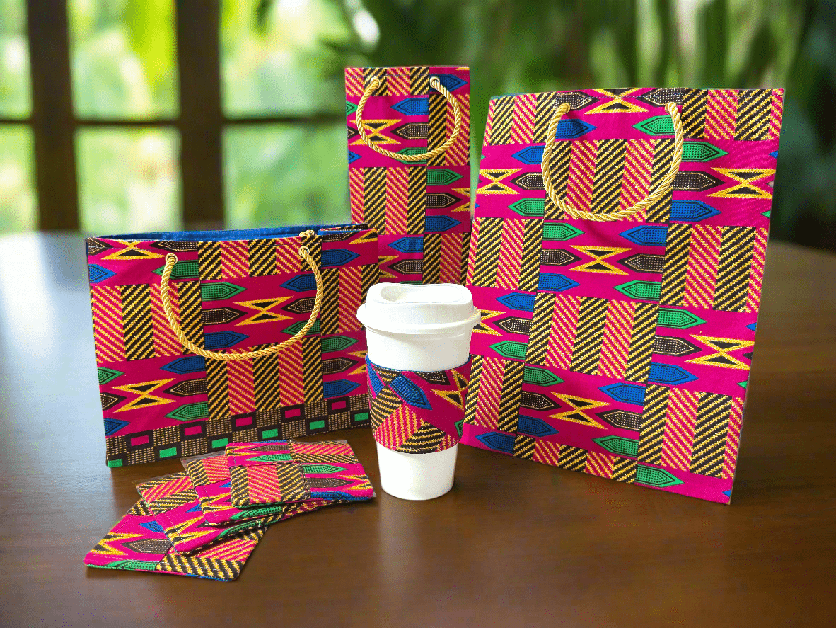 Ethnic, Fabric, Patterned, Handmade Pink, Green, Blue, Brown and Gold Coasters - Gezia Accents