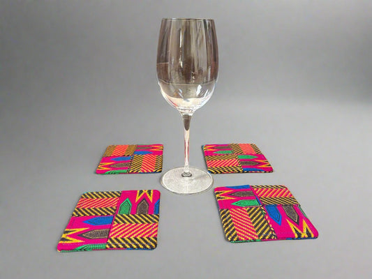 Ethnic, Fabric, Patterned, Handmade Pink, Green, Blue, Brown and Gold Coasters - Gezia Accents