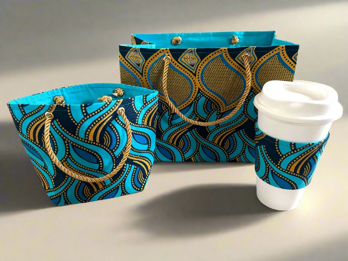 Ethnic, Fabric, Patterned, Handmade Turqoise, Blue and Gold Mini Tote - Gezia Accents