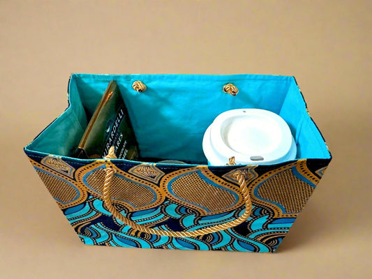 Ethnic, Fabric, Patterned, Handmade Turqoise, Dark Blue, and Gold Small Wardrobe Bag - Gezia Accents