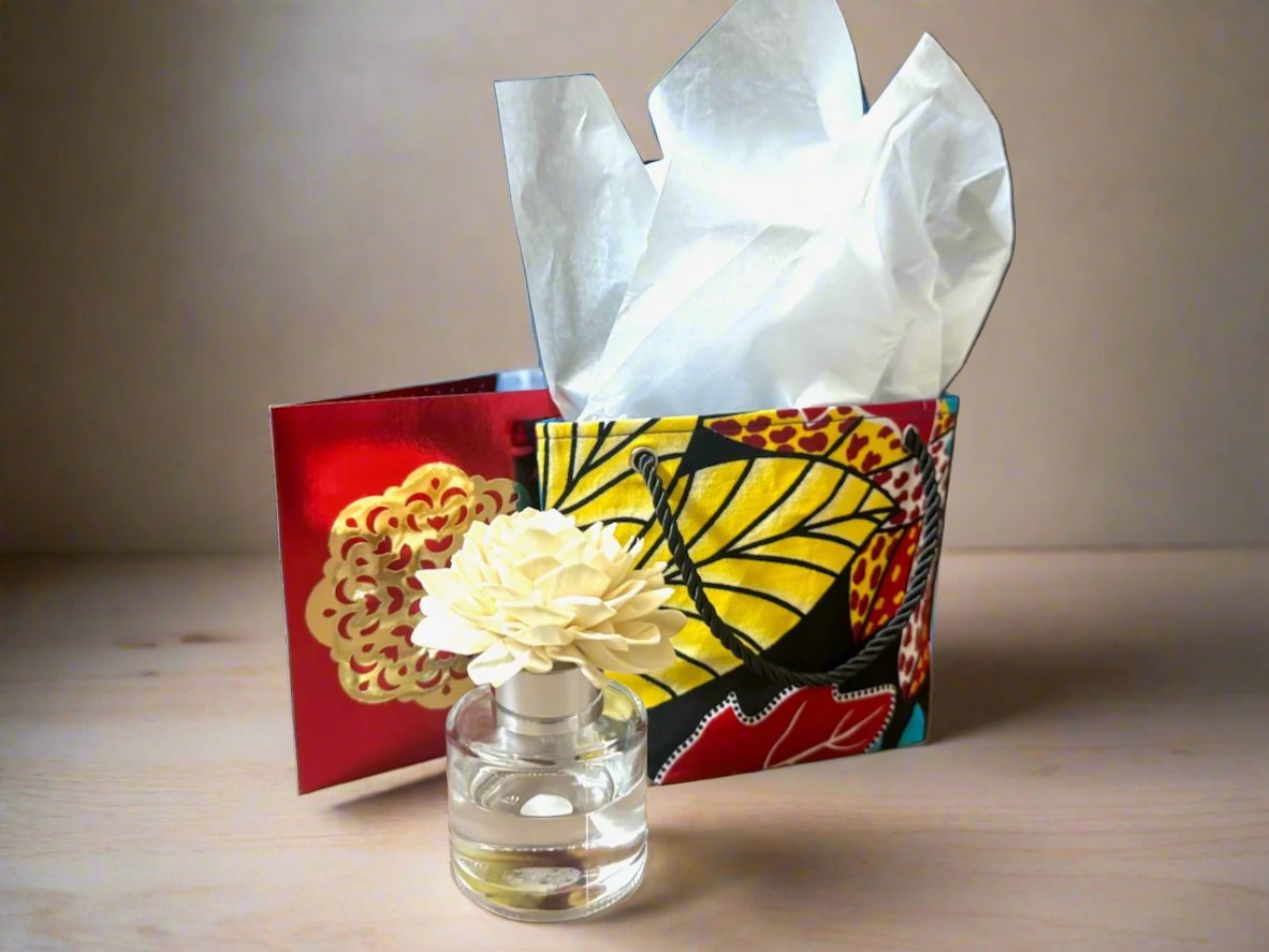 Ethnic, Fabric, Patterned, Handmade Turquoise, Black, Red, Yellow, and White Mini Tote - Gezia Accents