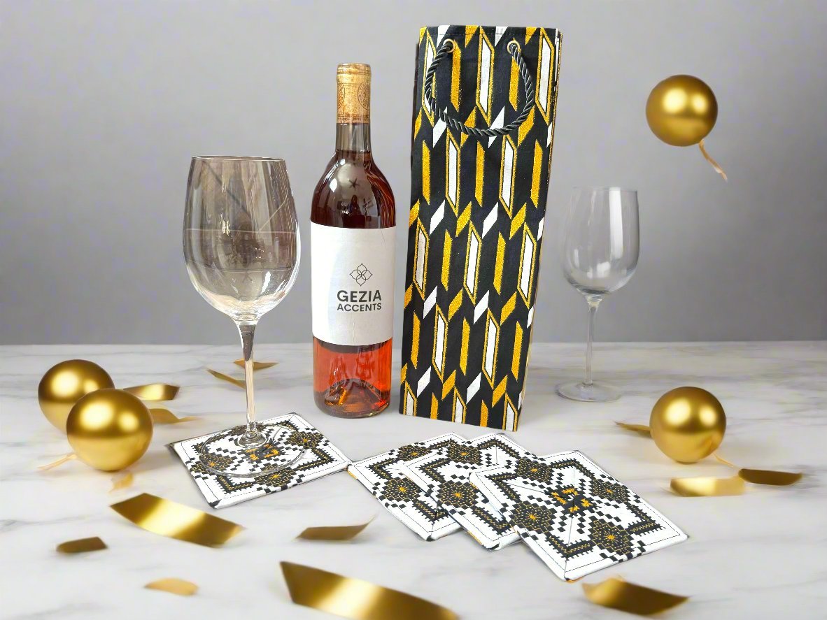 Ethnic, Fabric, Patterned, Handmade White, Black, and Gold Coasters - Gezia Accents