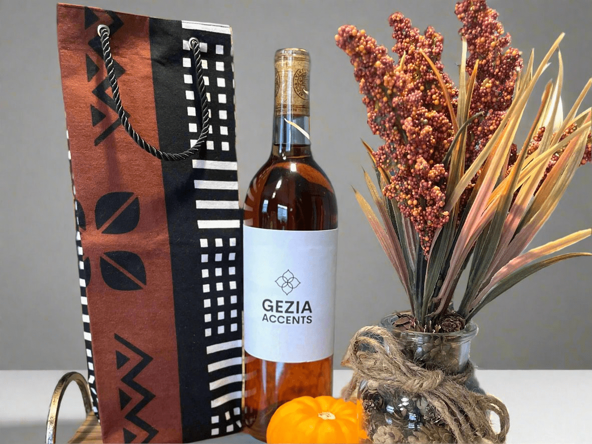 Ethnic, Fabric, Patterned, Handmade White, Brown, and Black Wine Gift Bag - Gezia Accents