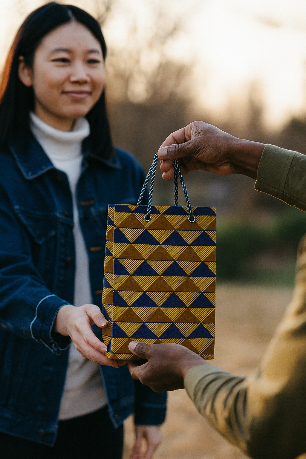 Ethnic, Fabric, Patterned, Handmade Dark Blue, Dark Brown, and Gold Small Bag