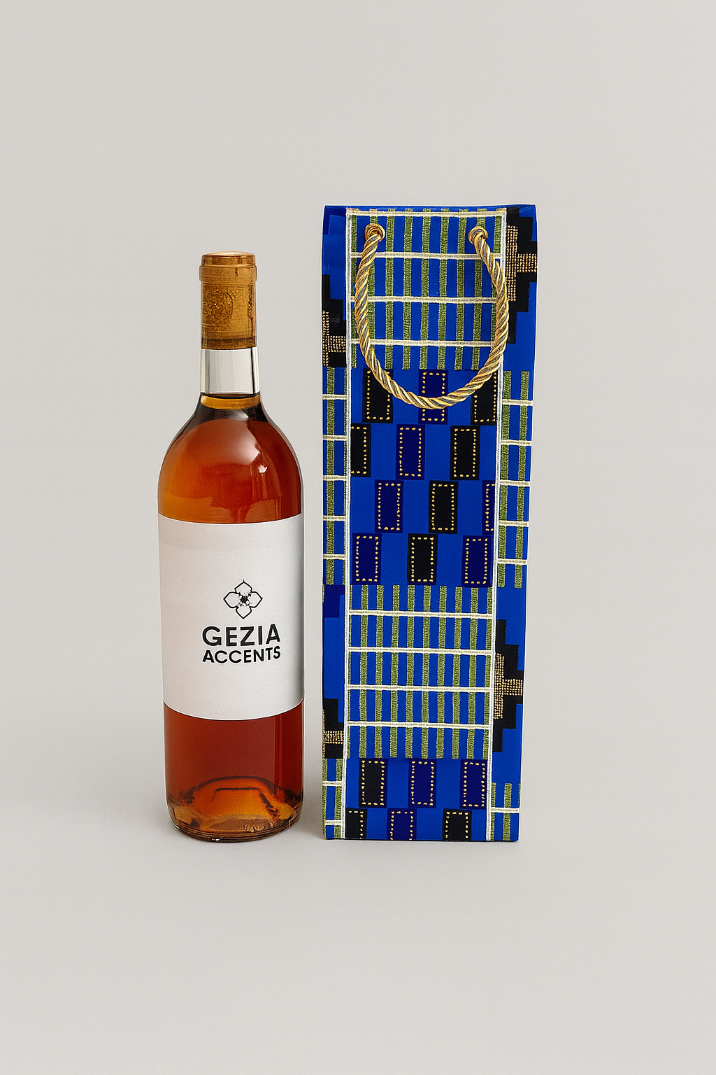 Ethnic, Fabric, Patterned, Handmade Blue, Black, White, and Gold Wine Gift Bag