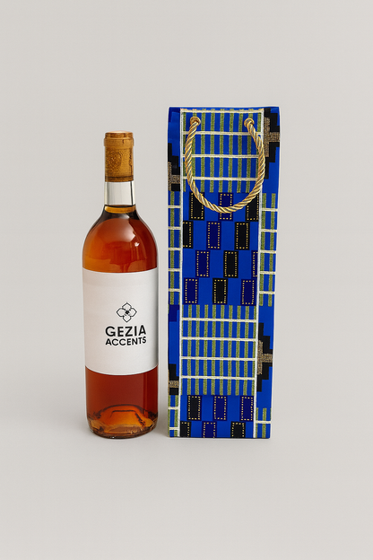 Ethnic, Fabric, Patterned, Handmade Blue, Black, White, and Gold Wine Gift Bag