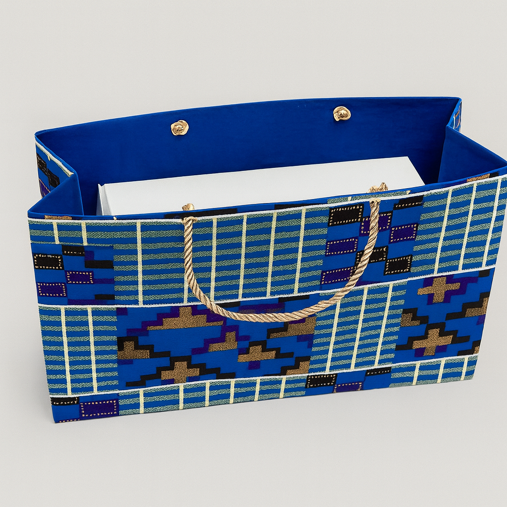 Ethnic, Fabric, Patterned, Handmade Dark Blue, Light Blue, Black, White and Gold Medium Horizontal Bag