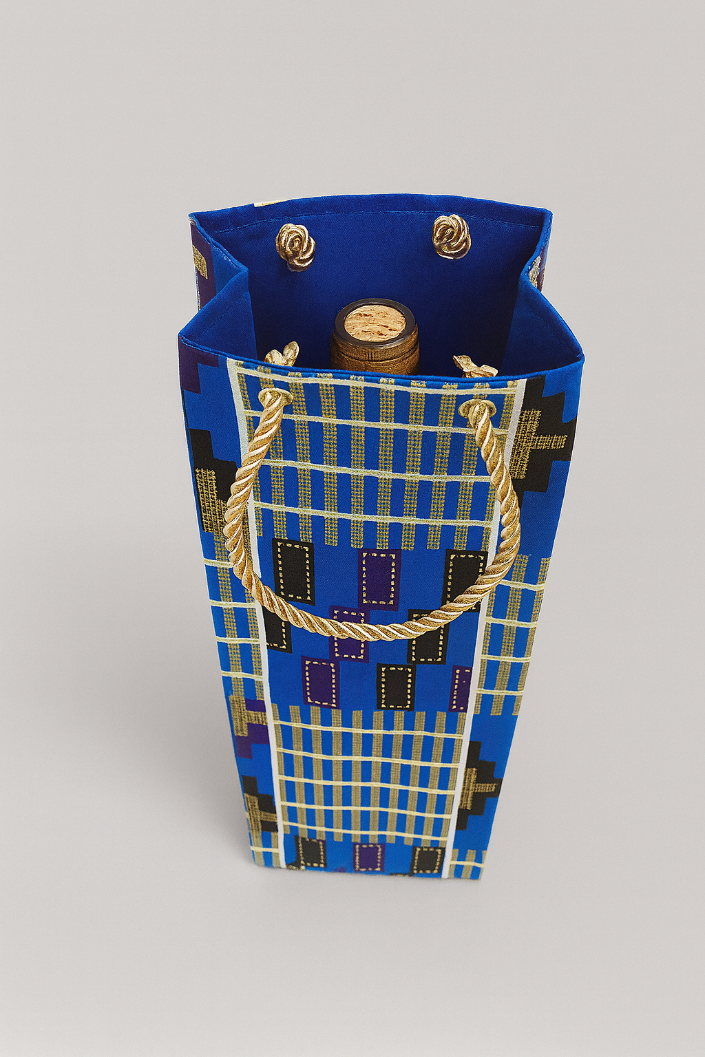 Ethnic, Fabric, Patterned, Handmade Blue, Black, White, and Gold Wine Gift Bag