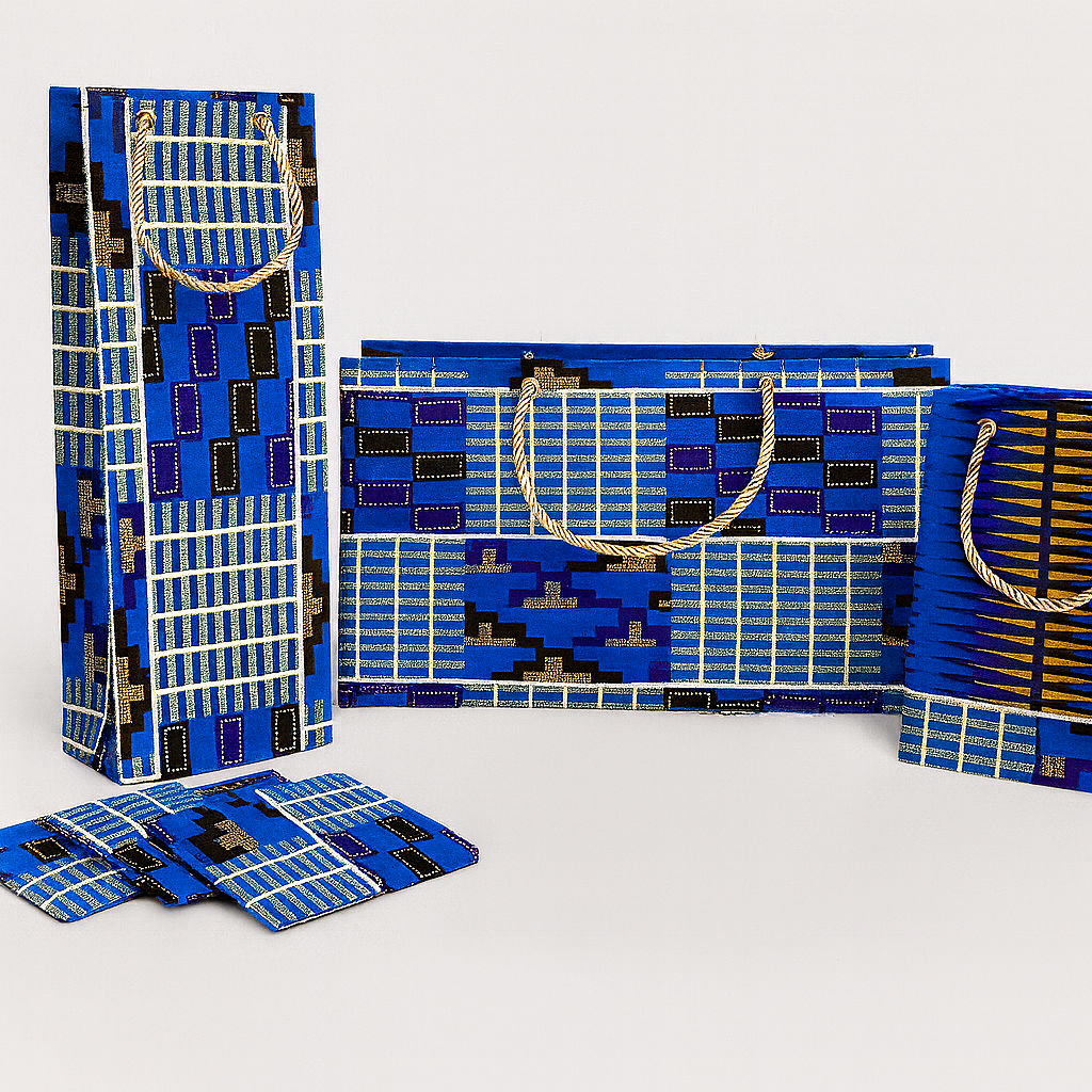 Ethnic, Fabric, Patterned, Handmade Dark Blue, Light Blue, Black, White and Gold Medium Horizontal Bag