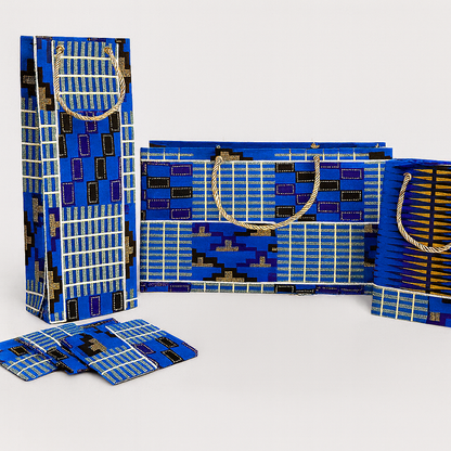 Ethnic, Fabric, Patterned, Handmade Dark Blue, Light Blue, Black, White and Gold Medium Horizontal Bag