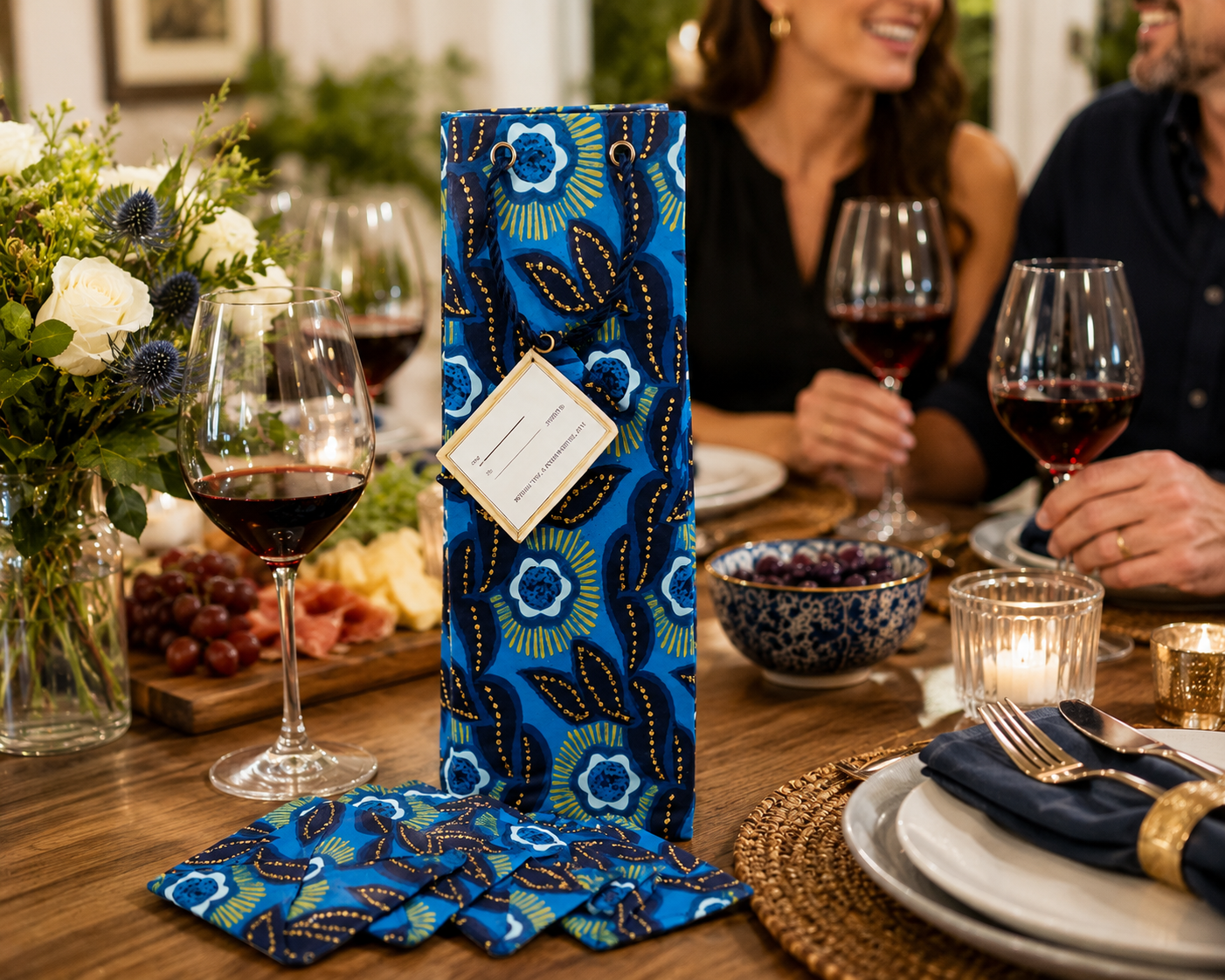 African Wax Print Wine & Coaster Gift Bundle | Dark Blue, White & Gold | Includes Gift Tags & Tissue Paper