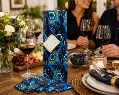 African Wax Print Wine & Coaster Gift Bundle | Dark Blue, White & Gold | Includes Gift Tags & Tissue Paper