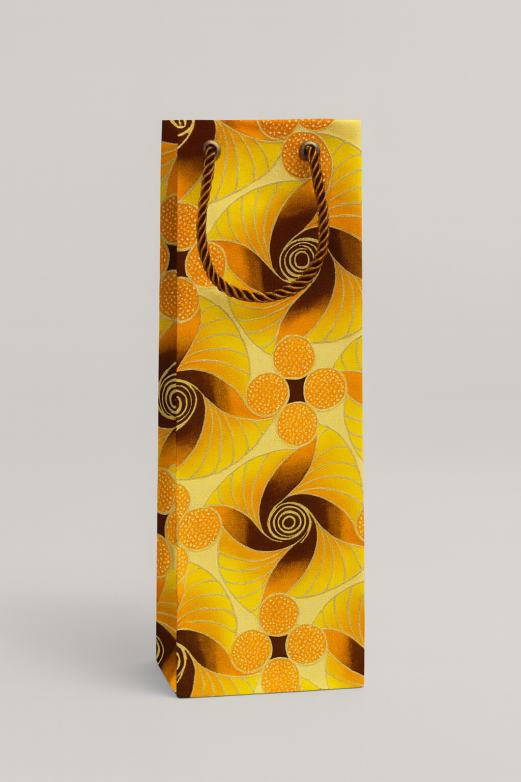 Ethnic, Fabric, Patterned Floral, Handmade Yellow, Brown, Orange, and Gold Wine Gift Bag