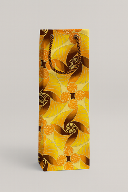 Ethnic, Fabric, Patterned Floral, Handmade Yellow, Brown, Orange, and Gold Wine Gift Bag