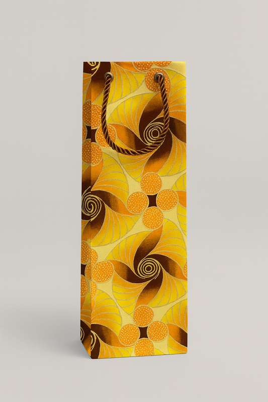 Ethnic, Fabric, Patterned Floral, Handmade Yellow, Brown, Orange, and Gold Wine Gift Bag