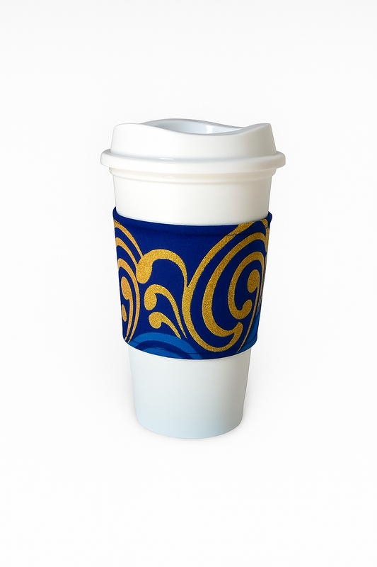 🌍 African Wax Print Cup Sleeve | Blue, Dark Blue, & Gold| Reusable Coffee Cozy | Eco-Friendly Gift ☕🌿