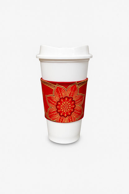 🌍 African Wax Print Cup Sleeve | Light Maroon, Red & Gold | Reusable Coffee Cozy | Eco-Friendly Gift ☕🌿