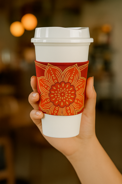 🌍 African Wax Print Cup Sleeve | Light Maroon, Red & Gold | Reusable Coffee Cozy | Eco-Friendly Gift ☕🌿