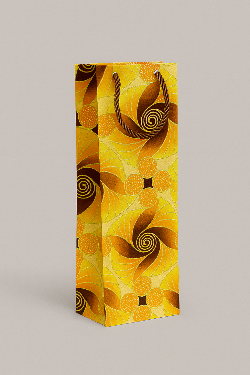 Ethnic, Fabric, Patterned Floral, Handmade Yellow, Brown, Orange, and Gold Wine Gift Bag