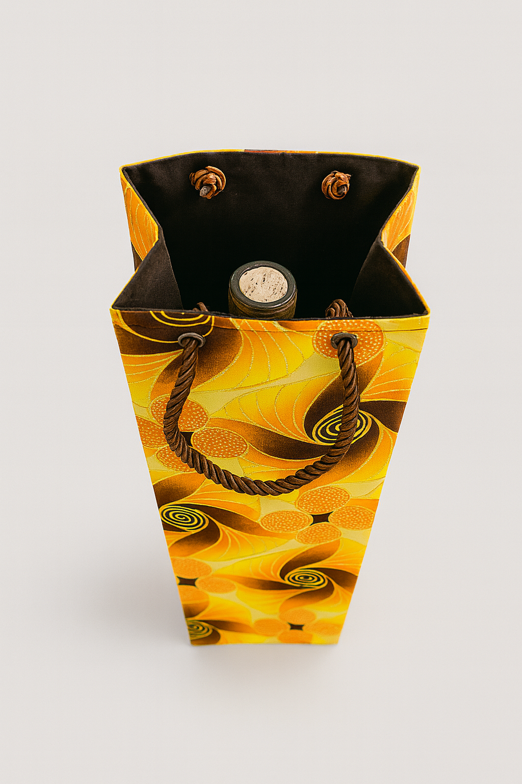 Ethnic, Fabric, Patterned Floral, Handmade Yellow, Brown, Orange, and Gold Wine Gift Bag
