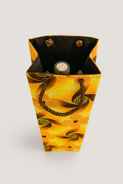 Ethnic, Fabric, Patterned Floral, Handmade Yellow, Brown, Orange, and Gold Wine Gift Bag
