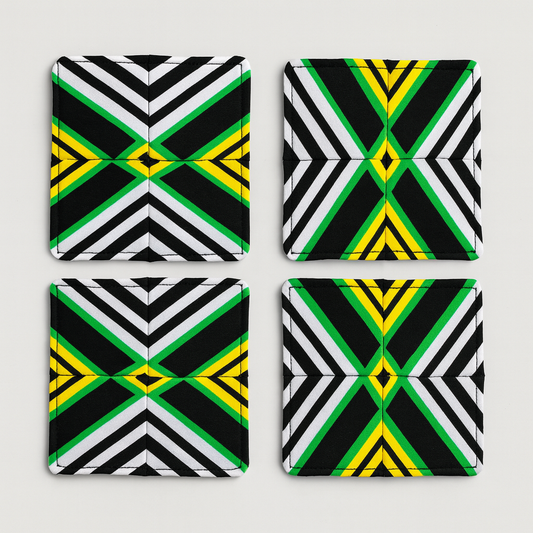 Handmade African Fabric Coasters – Black, White, Green & Yellow Set of 4 | Cultural Home Decor | Eco-Friendly Gift | Wax Print Drink Coasters