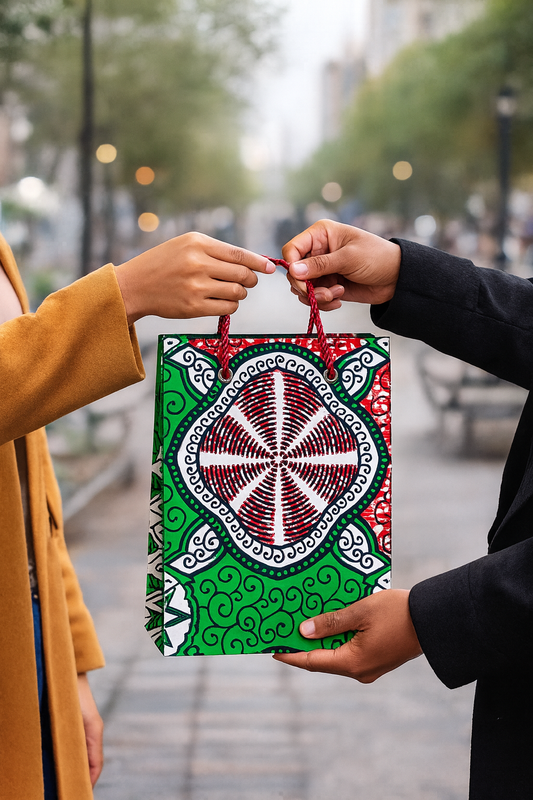 Ethnic, Fabric, Patterned, Handmade Green, Red, White, & Black Medium Bag