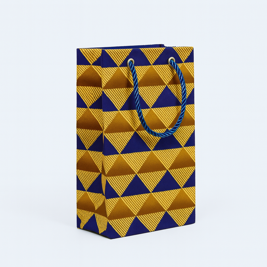 Ethnic, Fabric, Patterned, Handmade Dark Blue, Dark Brown, and Gold Small Bag