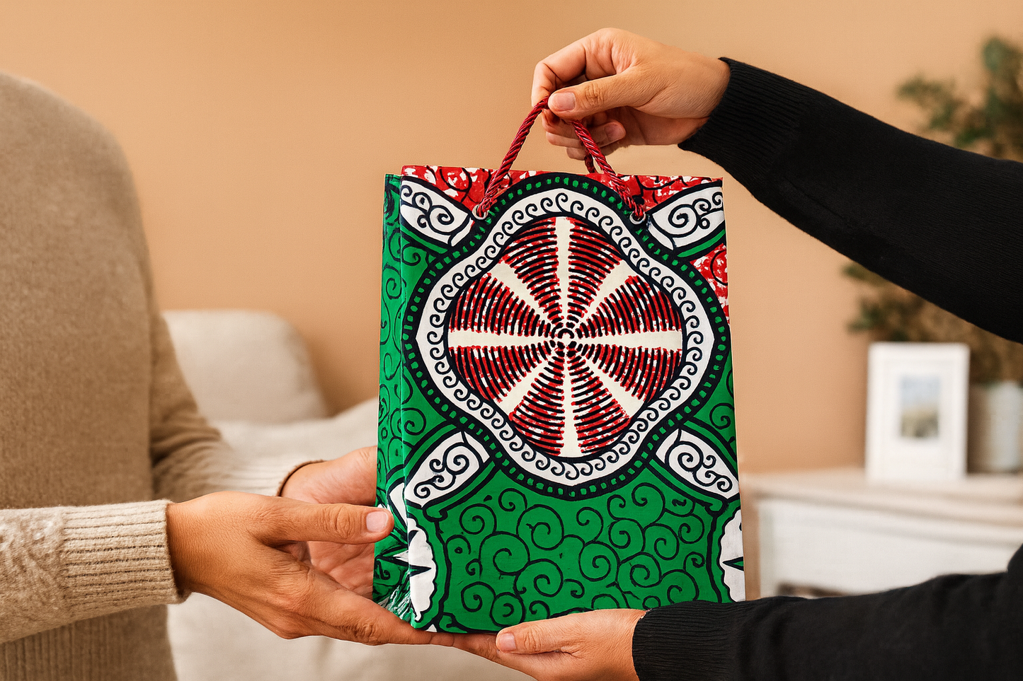 Ethnic, Fabric, Patterned, Handmade Red, Green, White, & Black Small Bag