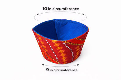 Maroon, blue, orange, black, white, & gold patterned fabric cup sleeve dimensions