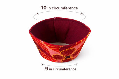 Maroon, red, pink, & gold patterned fabric cup sleeve dimensions