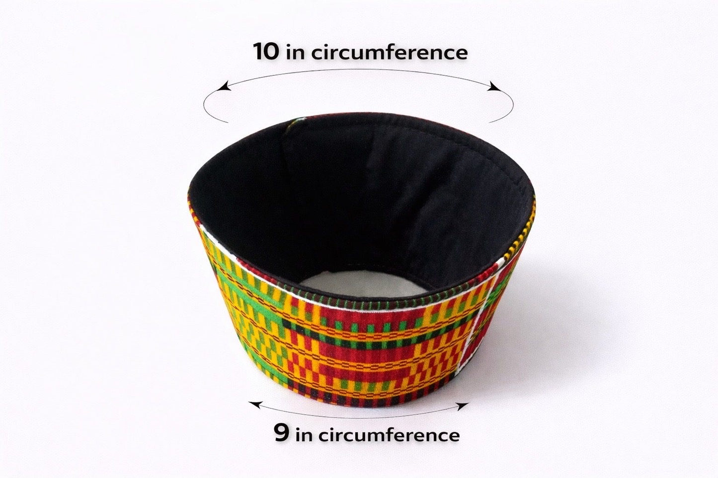 Orange, green, red, black, & white patterned fabric cup sleeve dimensions