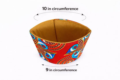 Red, blue, white, & gold patterned fabric cup sleeve dimensions