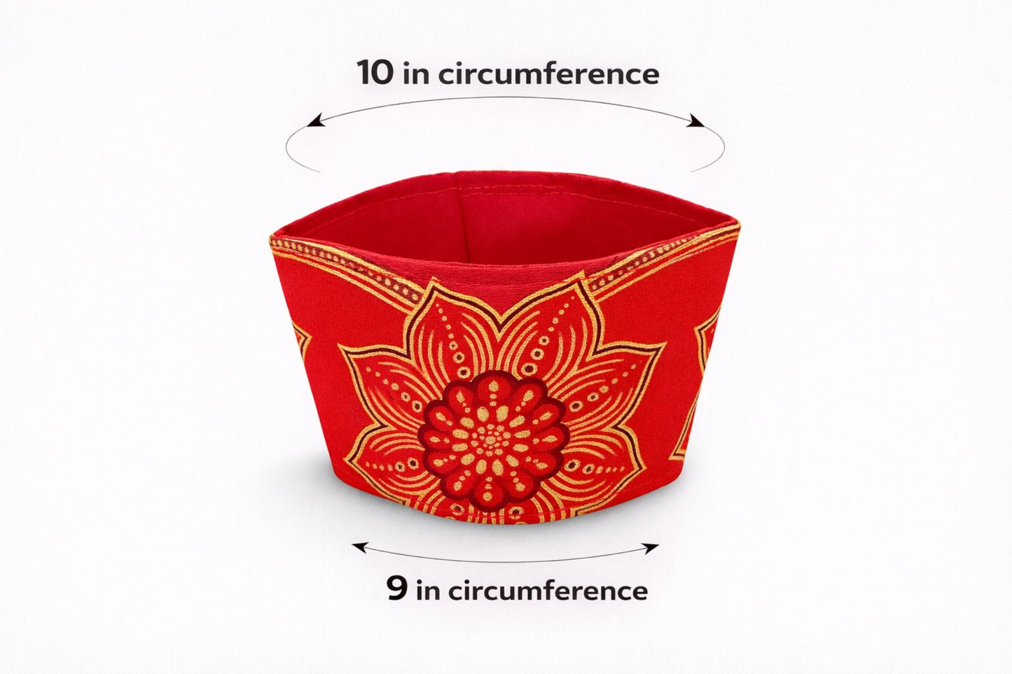 Red & gold patterned fabric cup sleeve dimensions
