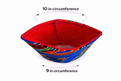 Royal blue, black, green, red, yellow, orange, & gold patterned fabric cup sleeve dimensions