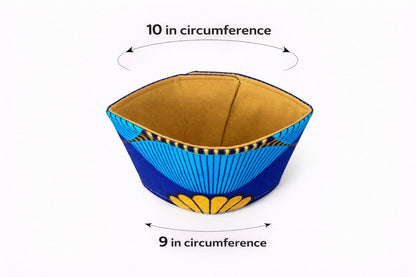Royal blue, turquoise, black & gold patterned fabric cup sleeve dimensions
