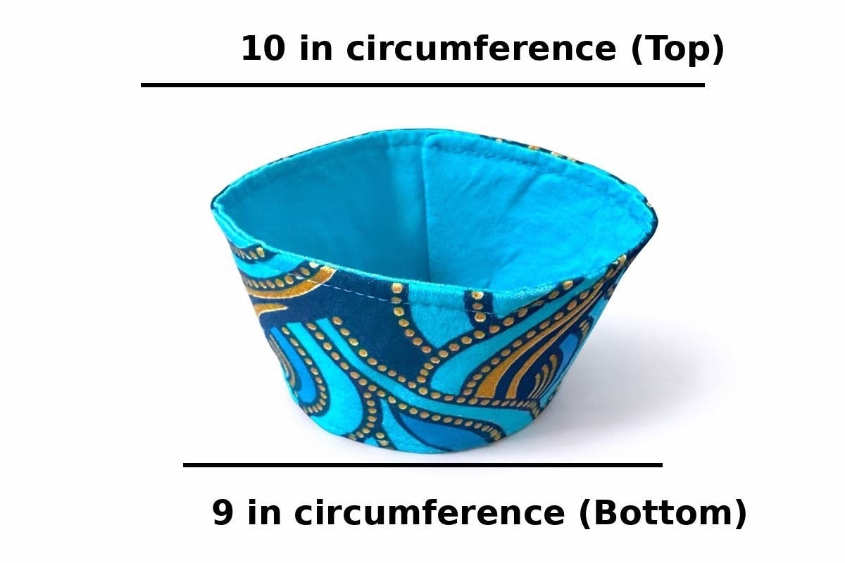 Turquoise, dark blue, & gold patterned fabric cup sleeve dimensions