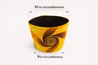 Yellow, brown, orange, & gold patterned fabric cup sleeve dimensions