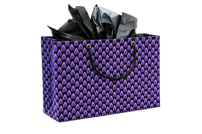 Purple gift bag with black pattern and black tissue paper on a white background