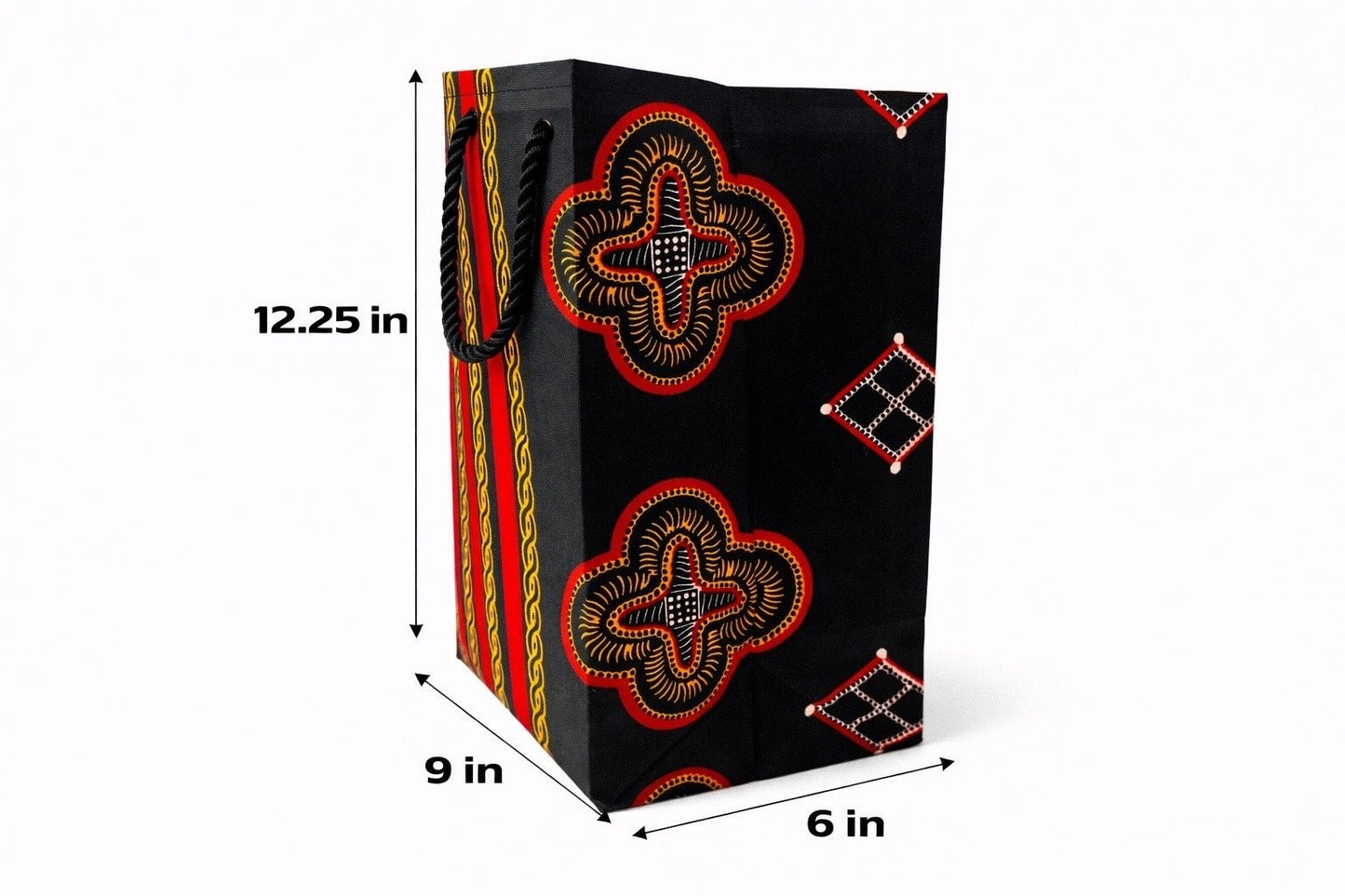 Black, red, gold, & white medium square gift bag with abstract design 12.25H in x 9W in x 6D in dimensions shown on a white background