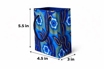 Dark blue, blue, white, & gold mini gift bag with abstract design 5.5H in x 4.5W in x 3D in dimensions shown on a white background