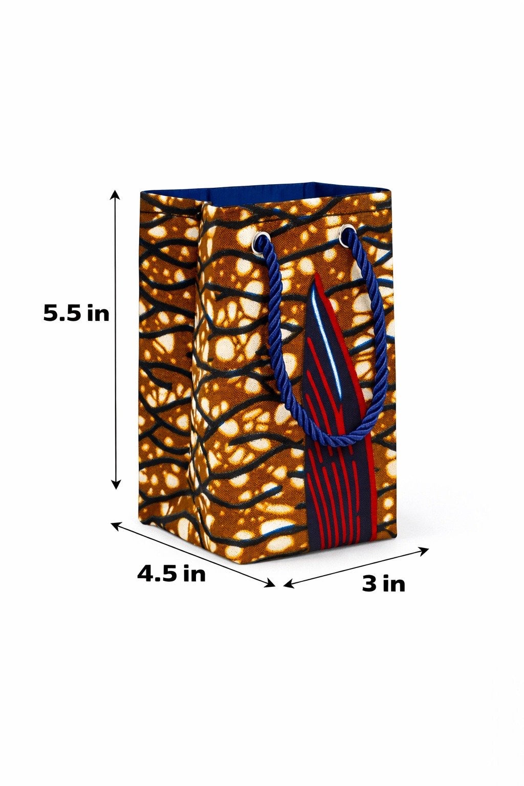 Dark brown, dark blue, cream, & maroon mini gift bag with abstract design 5.5H in x 4.5W in x 3D in dimensions shown on a white background