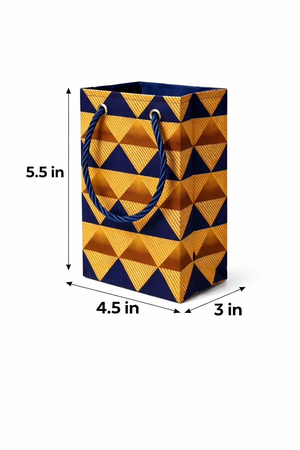 Gold, dark blue, & brown mini gift bag with abstract design 5.5H in x 4.5W in x 3D in dimensions shown on a white background