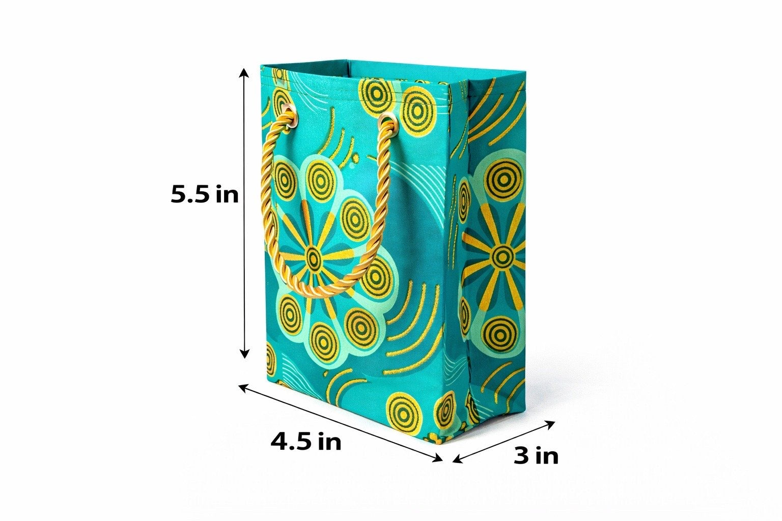 Green, dark green, & gold mini gift bag with abstract design 5.5H in x 4.5W in x 3D in dimensions shown on a white background