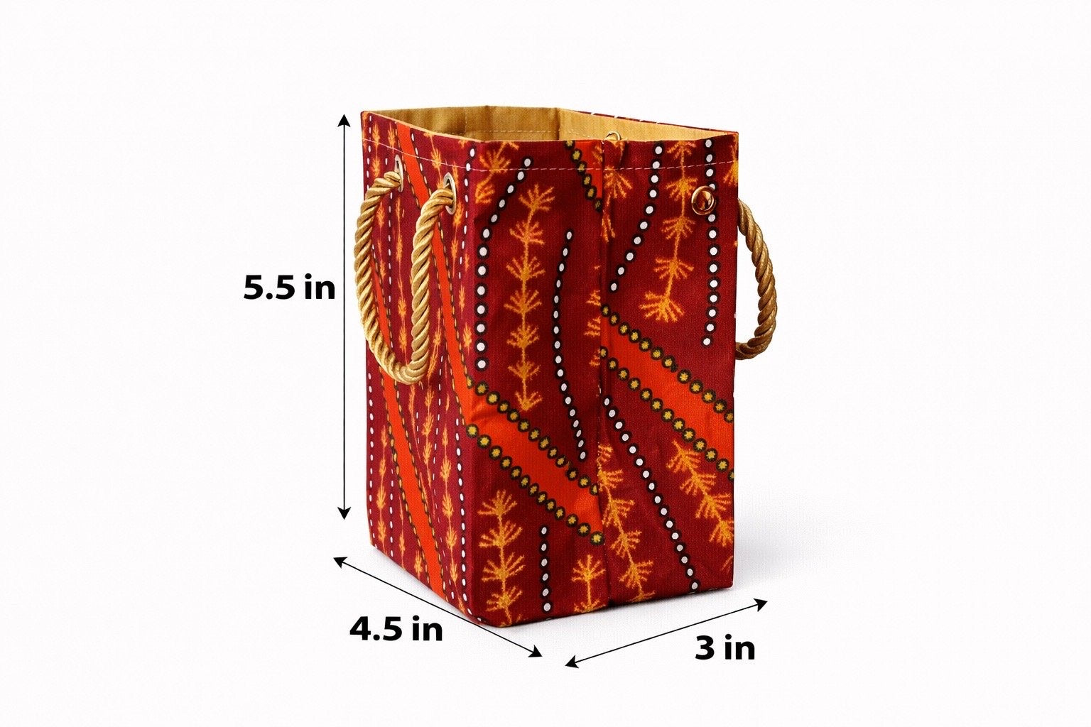 Maroon, orange, black, & white mini gift bag with abstract design 5.5H in x 4.5W in x 3D in dimensions shown on a white background