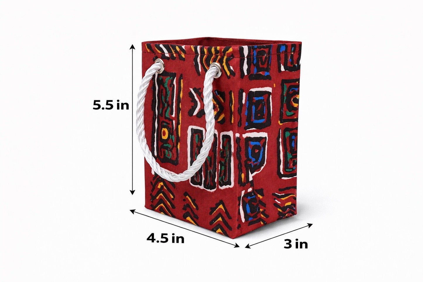 Maroon, orange, blue, green, black, & white mini gift bag with abstract design 5.5H in x 4.5W in x 3D in dimensions shown on a white background